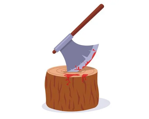 A stump with a stuck ax for execution. place to chop off your head. Stock Illustration