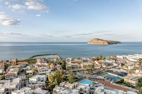 Stuning view from the old town over the Agia Marina at Platanias Stock Photos