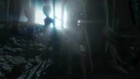 Stunning 3D CGI mid shot of classic Roswell style grey aliens standing Video stock 221294564