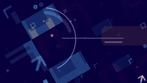 A stunning 3d rendering of blue and white techno squares, rectangles, dots, c Illustrazione stock