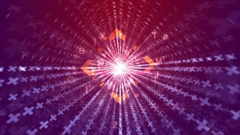 A stunning 3d rendering of flying orange letters going through an orange squa Stock Illustration