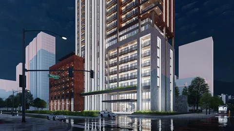 Stunning 3D Rendering of a Residential High Rise Building, Night time Ilustración de archivo