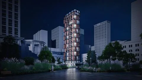 Stunning 3D Rendering of a Residential High Rise Building, Modern skyscraper Ilustración de archivo
