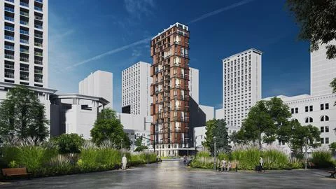 Stunning 3D Rendering of a Residential High Rise Building, Modern skyscraper Ilustración de archivo