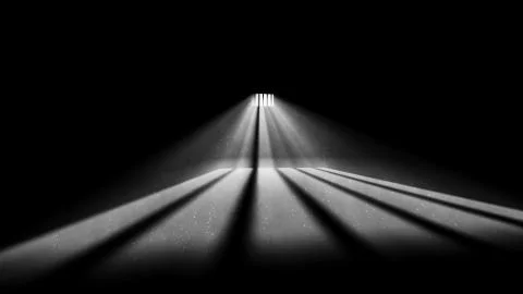 A stunning 3d rendering of symmetric jail window light in a completely dark p Stock Illustration