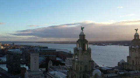 Stunning 4K Aerial Drone Footage of the Liverpool skyline in Merseyside Stock Footage