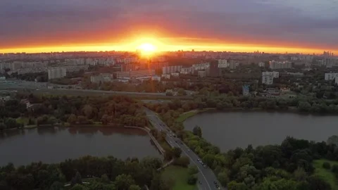 Stunning 4K Aerial View Park with Fountains and Historic Mansion at Sunset Stock Footage 304526504