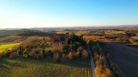 Stunning Aerial drone approach view Gallico Castle Tuscany Italy Siena  Stock-Footage 168560565