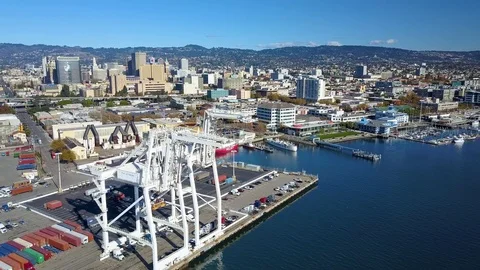 Stunning aerial drone view of bright day in Port of Oakland, California Stock Footage 101068149