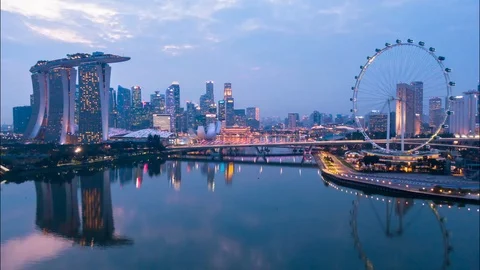 Stunning Aerial Hyperlapse of Singapore Cityscape featuring famous tourist Stock Footage