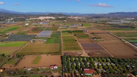 Stunning aerial panorama showing the patchwork of agricultural fields Stock Footage 321671275