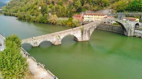 Stunning aerial shot of the Devils Bridge in Tuscany, a historic architectu.. Stock Photos