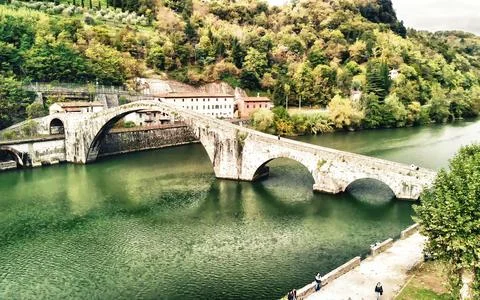 Stunning aerial shot of the Devils Bridge in Tuscany, a historic architectu.. Stock Photos