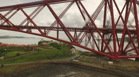 Stunning aerial shot of the Forth Rail Bridge during the day Stock Footage 58479581