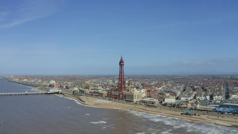 Stunning aerial view, footage of Blackpool Tower  from the sea of the Stock Footage