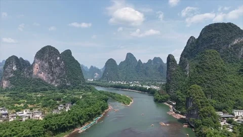 Stunning Aerial View of Li River Guilin with Majestic Karst Mountain Peaks Stock-Footage 337460448