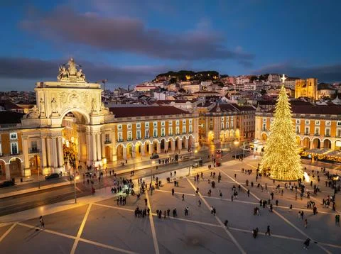 Stunning aerial view of Praca do Comercio with Christmas spirit in Lisbon Stock Photos