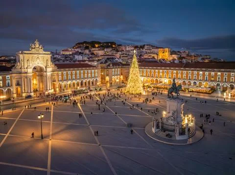 Stunning aerial view of Praca do Comercio decorated for Christmas in Lisbon Stock Photos