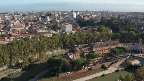 Stunning Aerial View of Rome's Isola Tiberina and Cityscape Stock Footage 305164036