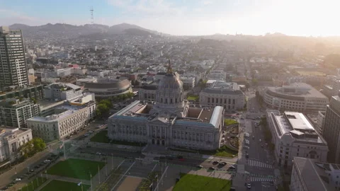 This is a stunning aerial view showcasing the iconic San Francisco City Hall in Stock Footage 312179846