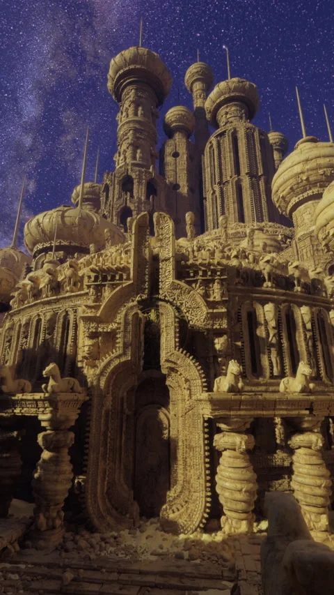Stunning alien architecture under a starry night sky in a desert landscape Video stock 319023303