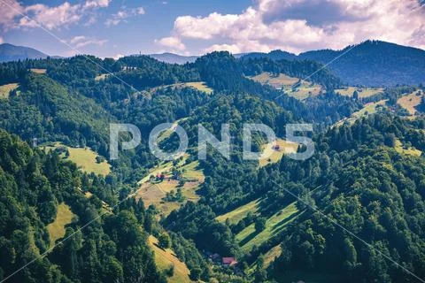 Stunning alpine landscape and green fields, Transylvania, Romania, Europe Stock Photos