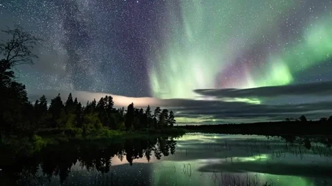 Stunning aurora borealis lights over forest lake with reflections at night. Stock-Footage 341068134