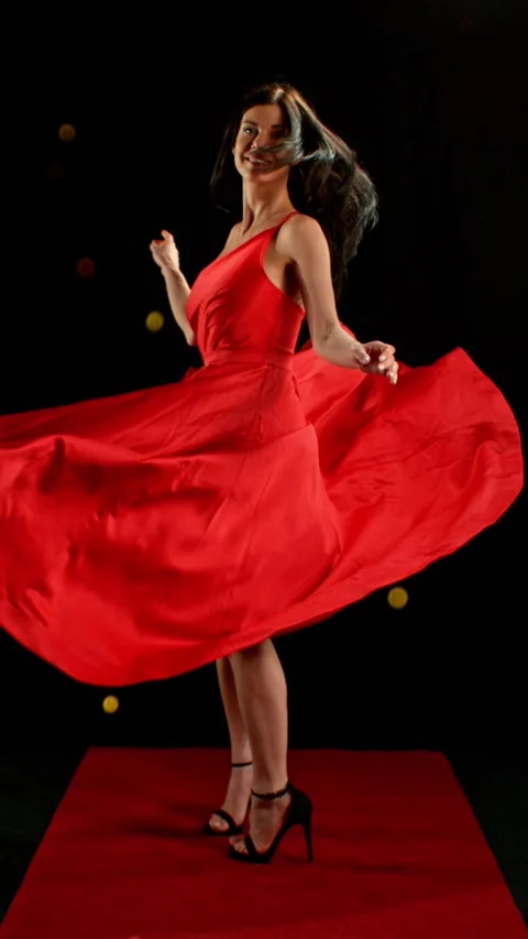 Stunning Black-Haired Woman in Ruby Red Dress and High Heels. Stock Footage 306848905
