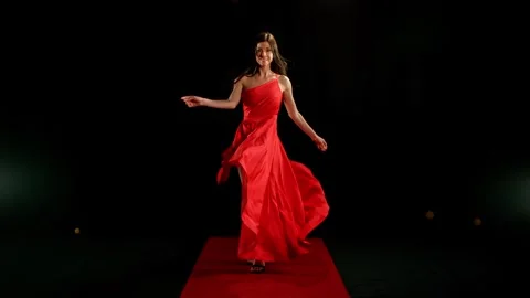 Stunning Black-Haired Woman in Ruby Red Dress and High Heels. Stock Footage 306848937