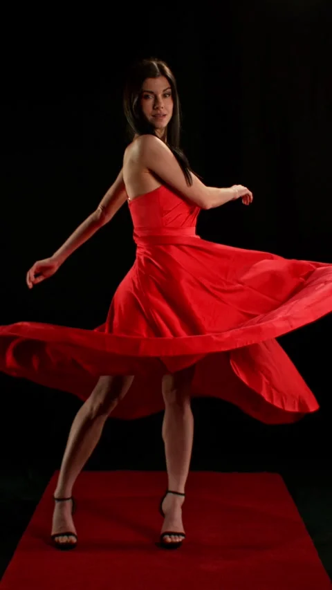 Stunning Black-Haired Woman in Ruby Red Dress and High Heels. Stock Footage 306849140