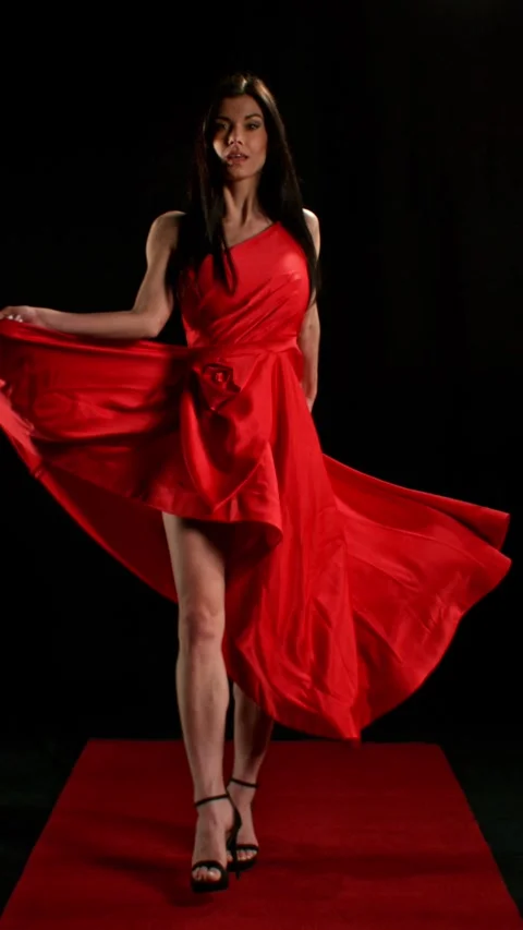 Stunning Black-Haired Woman in Ruby Red Dress and High Heels. Stock Footage 306849449