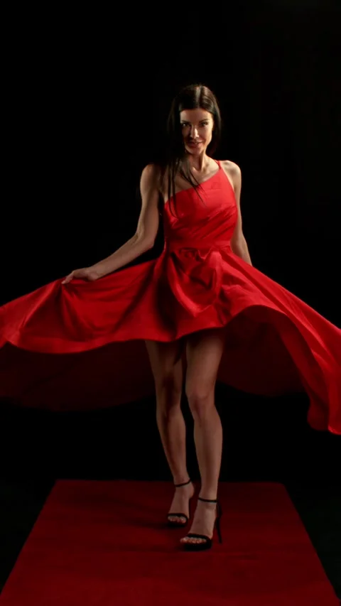 Stunning Black-Haired Woman in Ruby Red Dress and High Heels. Stock Footage 306853798