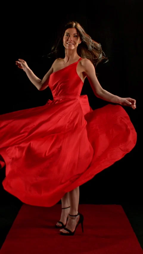 Stunning Black-Haired Woman in Ruby Red Dress and High Heels. Stock Footage 306853805