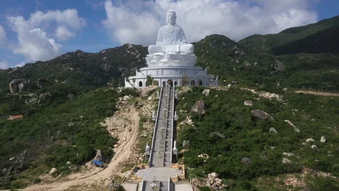 Stunning Buddha Temple Pan Down Long Stairway Aerial Drone Shot Stock Footage 122232776