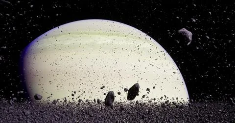 Stunning celestial view of large planet with asteroid belt floating nearby Stock Illustration
