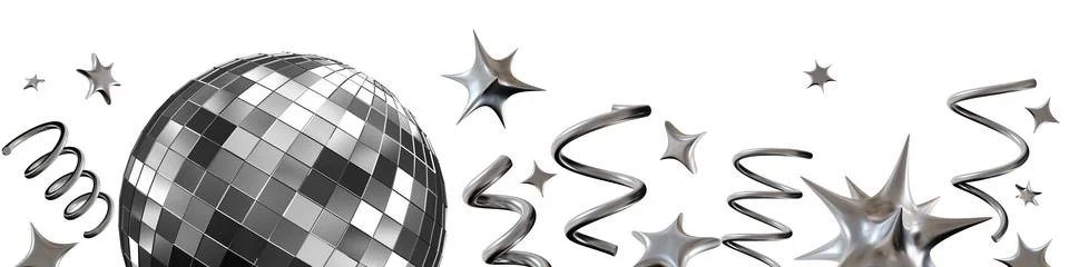 Stunning chrome disco ball surrounded by shiny stars and chrome ribbons, is.. 스톡 일러스트