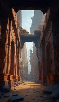 Stunning city of stone inside a gray granite canyon Stock Illustration