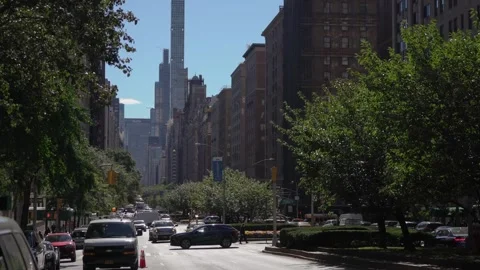 A stunning cityscape view displaying towering skyscrapers alongside vibrant Stock Footage 291022782