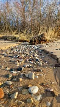Stunning Close-Up View of a Beach Stream Lined with Colorful Pebbles Stock Photos