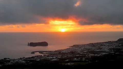 Stunning Cloudy Sunset Over Atlantic Ocean, Sao Miguel Coastline, Azores Stock Footage 90519815