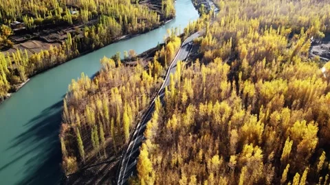 Stunning contrast of blue river and golden forest deep in Ladakh. Stock Footage 310782314