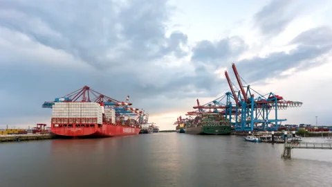 Stunning day to night time lapse of Port of Hamburg while huge container Video stock 154406764