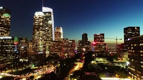 Stunning Drone Descent Over Los Angeles Cityscape, Sunset With Traffic Lights Stock Footage 308507100