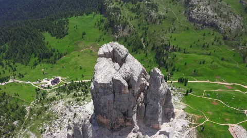 Stunning drone flight video over picturesque Cinque Torri 2361m formation Video stock 233116464