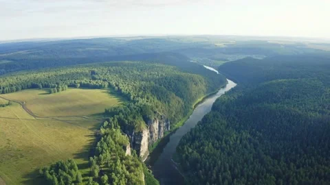 Stunning drone view of river flowing among green forest Vídeo Stock 238481721