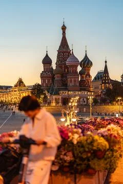 Stunning evening view of St. Basil's Cathedral in Moscow's Red Square at suns Stock Photos