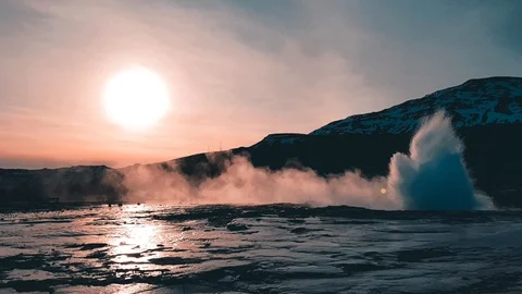 Stunning exploding Geysir at sunset in Iceland Stock Footage 107242106