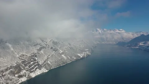 Stunning flight over a very clear blue lake on a beautiful winter day. Stock Footage 172500598