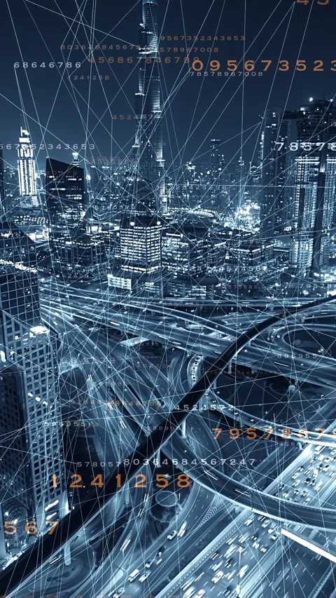 A stunning Futuristic Cityscape featuring Data Visualization Elements and 스톡 동영상 288258753