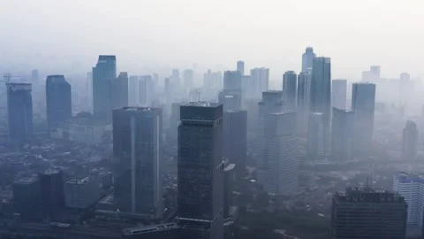 Stunning high-angle aerial view of a city skyscraper skyline enveloped in d.. Stock Footage 337940577